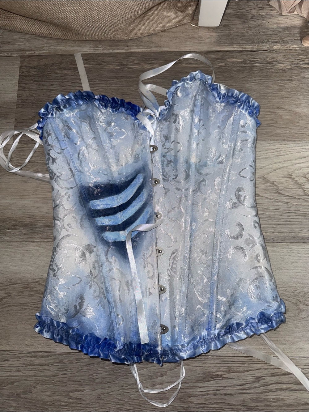 Light Blue Floral Brocade Corset with Blue Trim Corpse Bride Hand Painted